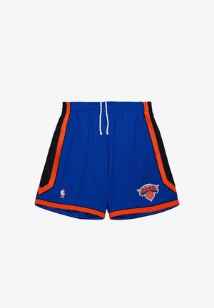 Blue basketball shorts with black sides, orange trim, and New York Knicks logo. Features an elastic waistband and drawstring. Made of mesh fabric.