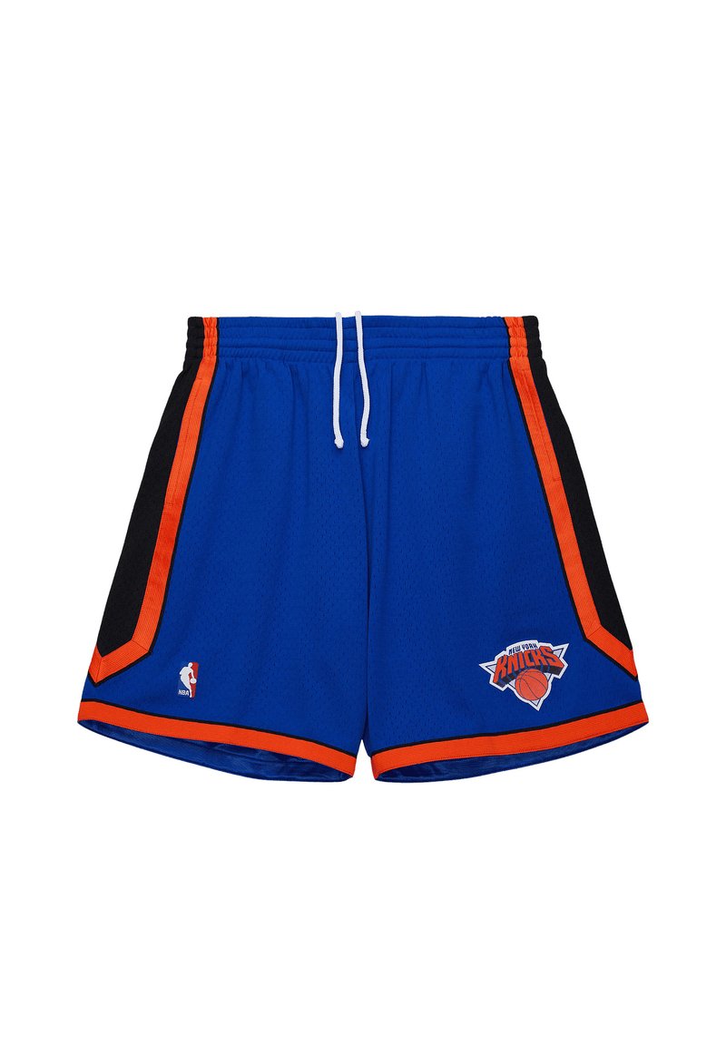 Blauwe basketbalshorts met zwarte zijkanten, oranje bies en het logo van de New York Knicks. Voorzien van een elastische tailleband en een trekkoord. Gemaakt van mesh-stof.
