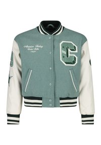 Green wool-blend varsity jacket with cream sleeves, ribbed cuffs and hem, embellished letter "C," and embroidered text. Features side pockets.