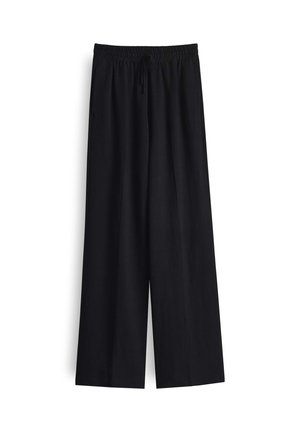 Pantaloni neri a gamba larga con vita regolabile, realizzati in un tessuto morbido, caratterizzati da una vestibilità ampia e una superficie liscia.