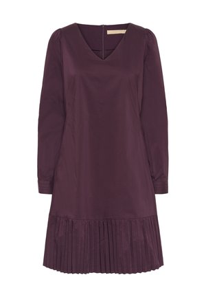 Robe violette avec un décolleté en V, des manches bouffantes longues et un ourlet plissé. Fabriquée en tissu lisse, elle est dotée d'une fermeture éclair dans le dos pour un enfilage facile.