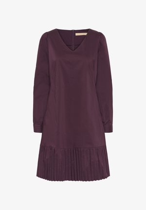 Abito viola con scollatura a V, maniche lunghe a sbuffo e orlo plissettato. Realizzato in tessuto morbido, presenta una chiusura con zip sul retro per una facile vestibilità.