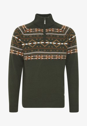 Groene gebreide trui met een staande kraag en een halve rits. Heeft een geometrisch patroon in het yoke in bruin, wit en beige. Ribgebreide manchetten en zoom.