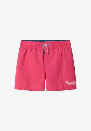 Svijetloroza kupaće gaće s elastičnim pojasom, bijelim vezicama s plavim vrhovima i bijelim logotipom "Pepe Jeans" na donjem desnom djelu nogavice.