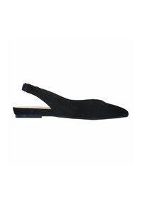Zwarte suède slingback balletschoenen met een puntige neus, platte zool en een slanke enkelband; gladde textuur zonder zichtbare patronen of accenten.