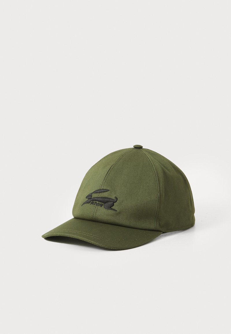 Green fabric baseball cap with a stitched black rabbit logo on the front, featuring a curved brim and classic six-panel design.