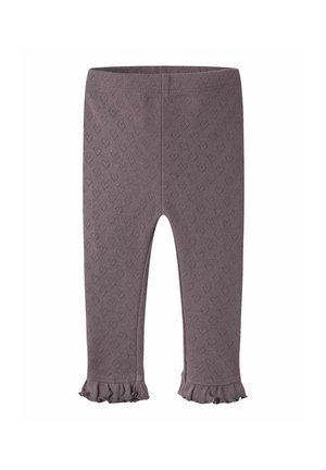 Leggings bébé en maille violette avec un motif cœur et des ourlets volantés en bas de chaque jambe.