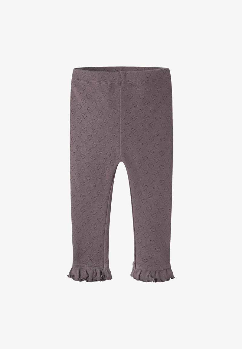 Leggings bébé en maille violette avec un motif cœur et des ourlets volantés en bas de chaque jambe.
