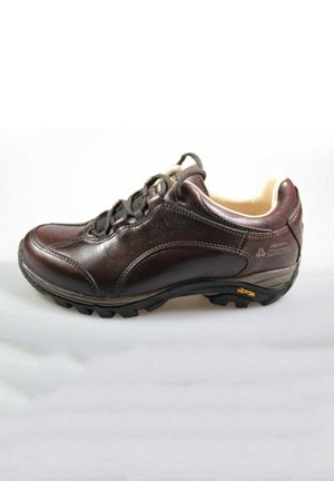 Brown leather hiking shoe with black rubber outsole, durable construction, lace-up design, and padded interior for comfort.