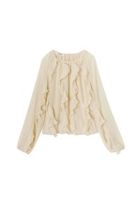 Blouse crème à manches longues, décolleté rond et volants verticaux sur le devant. Fabriquée en tissu léger et texturé avec un design fluide.
