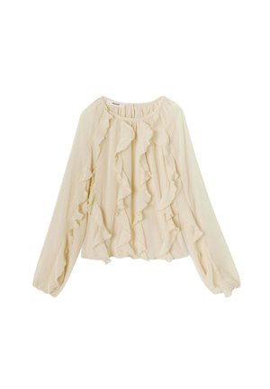 Blouse crème à manches longues, décolleté rond et volants verticaux sur le devant. Fabriquée en tissu léger et texturé avec un design fluide.