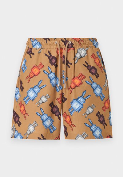 Καφέ σορτς με πολύχρωμο σχέδιο με κουνελάκια σε αποχρώσεις μπλε, κόκκινο, άσπρο και σκούρο καφέ, με ελαστική μέση και κορδόνι ρύθμισης.