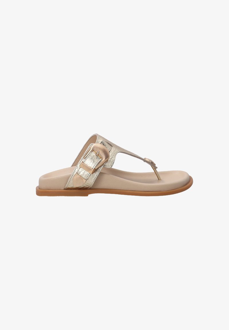 Gyldne metaliske thong-sandal med en glat beige indersål og fleksibel brun gummisål. Har en dekorativ spænde og bløde remme.