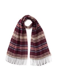 Bordowy szal w kratę z szarymi i beżowymi wzorami, z frędzlami na brzegach. Wykonany z miękkiego, teksturowanego materiału. Długość pozwala na różnorodne stylizacje.