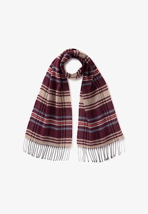 Bufanda de cuadros burdeos con patrones en gris y beige, con bordes desflecados. Hecha de un tejido suave y texturizado. Su longitud permite estilos versátiles.