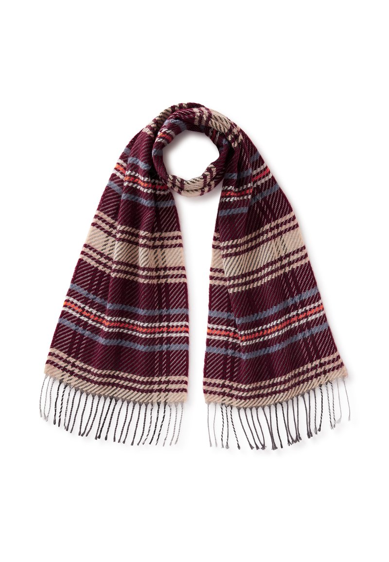 Bordowy szal w kratę z szarymi i beżowymi wzorami, z frędzlami na brzegach. Wykonany z miękkiego, teksturowanego materiału. Długość pozwala na różnorodne stylizacje.