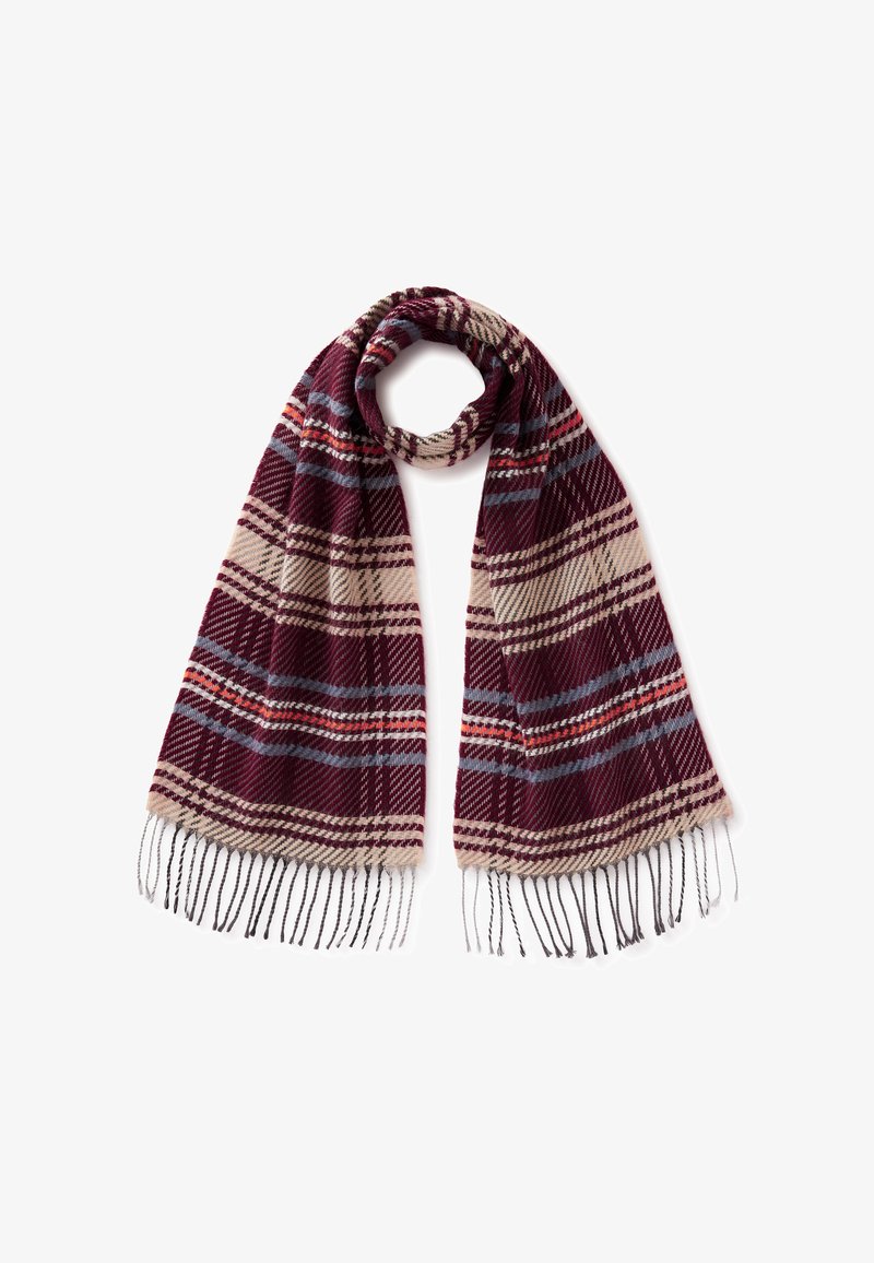 Bordowy szal w kratę z szarymi i beżowymi wzorami, z frędzlami na brzegach. Wykonany z miękkiego, teksturowanego materiału. Długość pozwala na różnorodne stylizacje.