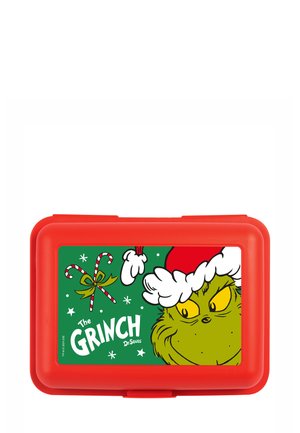 Pranzo rosso con un'illustrazione del Grinch verde che indossa un cappello da Babbo Natale, caramelle e fiocchi di neve bianchi su uno sfondo verde.