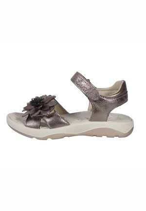 Metallisk bronsefarget sandaler med blomsterdetalj, åpen tå-design, justerbar reim, og en teksturert gummisåle for godt grep.