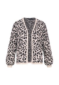 Løveprikket cardigan med en avslappet passform, laget av svart og beige garn, åpen front og teksturert stoff. Ballongsleeves med ribbestrikkede mansjetter.