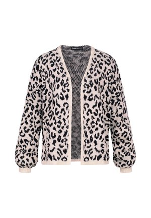 Svetr s leopardím potiskem v uvolněném střihu, s černou a béžovou přízí, otevřeným předním dílem a texturovanou látkou. Rukávy do balónu s žebrovanými manžetami.