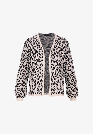 Svetr s leopardím potiskem v uvolněném střihu, s černou a béžovou přízí, otevřeným předním dílem a texturovanou látkou. Rukávy do balónu s žebrovanými manžetami.