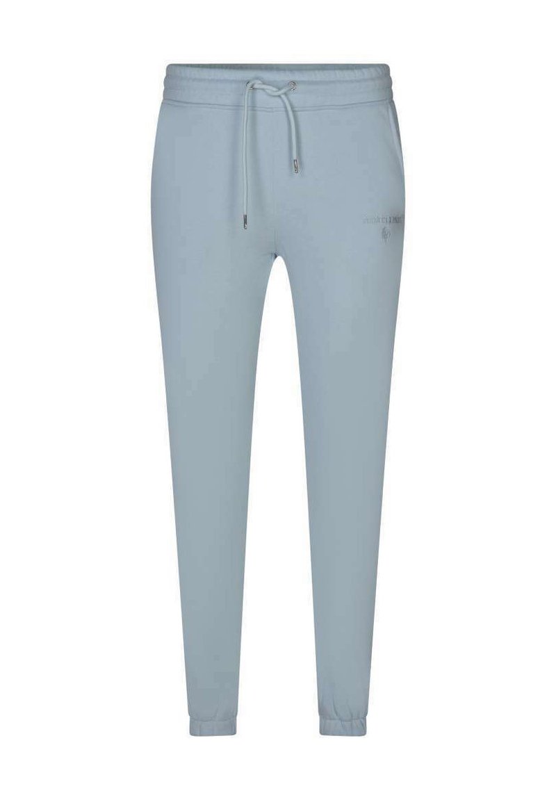 Pantalons de jogging bleu clair en matériau doux, dotés d'une taille élastique avec cordon de serrage et de poignets ajustés aux chevilles.