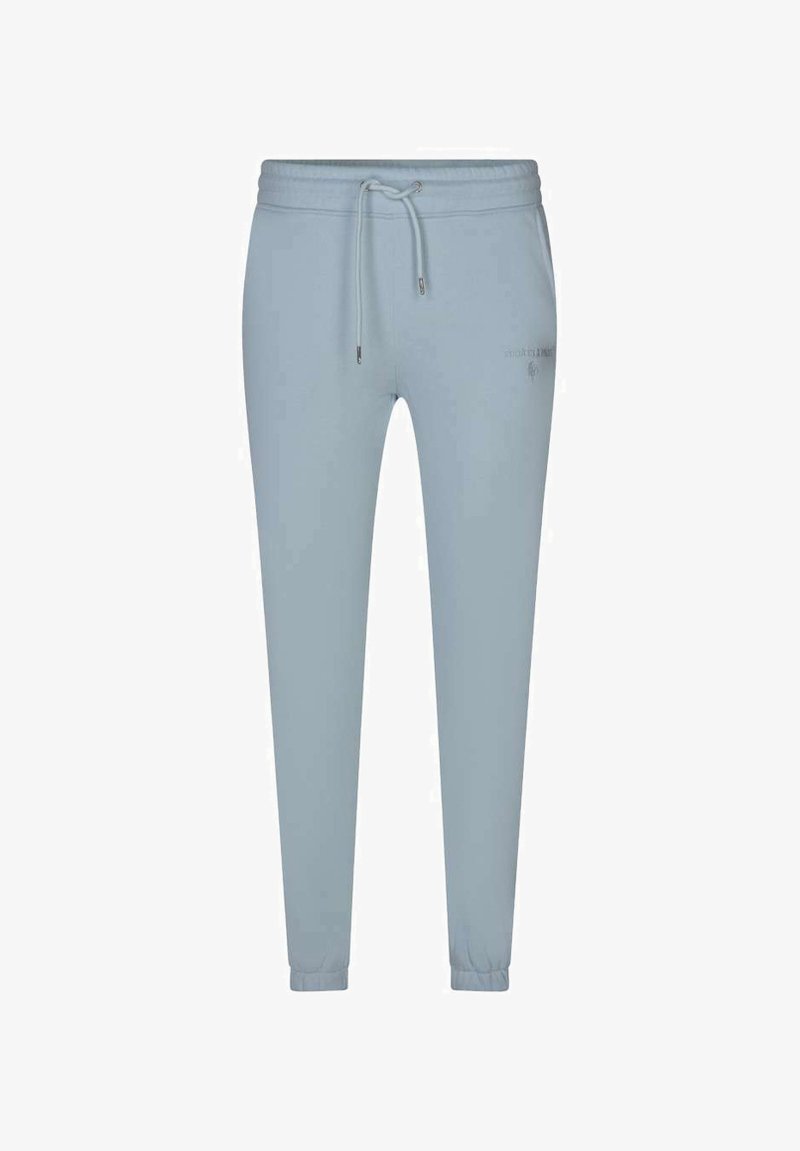 Pantalons de jogging bleu clair en matériau doux, dotés d'une taille élastique avec cordon de serrage et de poignets ajustés aux chevilles.