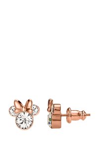 Orecchini a bottone in oro rosa con design di Minnie Mouse, impreziositi da cristalli trasparenti. Presentano un fiocco e una forma rotonda, con una chiusura sicura.