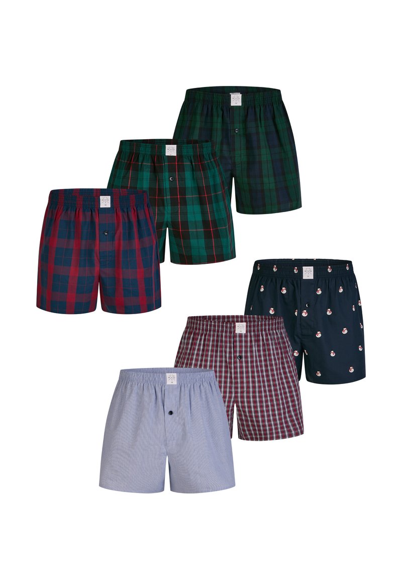 Pánské boxerky v sadě s károvanými vzory v zelené, červené a námořnické modři, přičemž jedna dvojice je pruhovaná a druhá má potisk. Bavlněný materiál, elastický pas.
