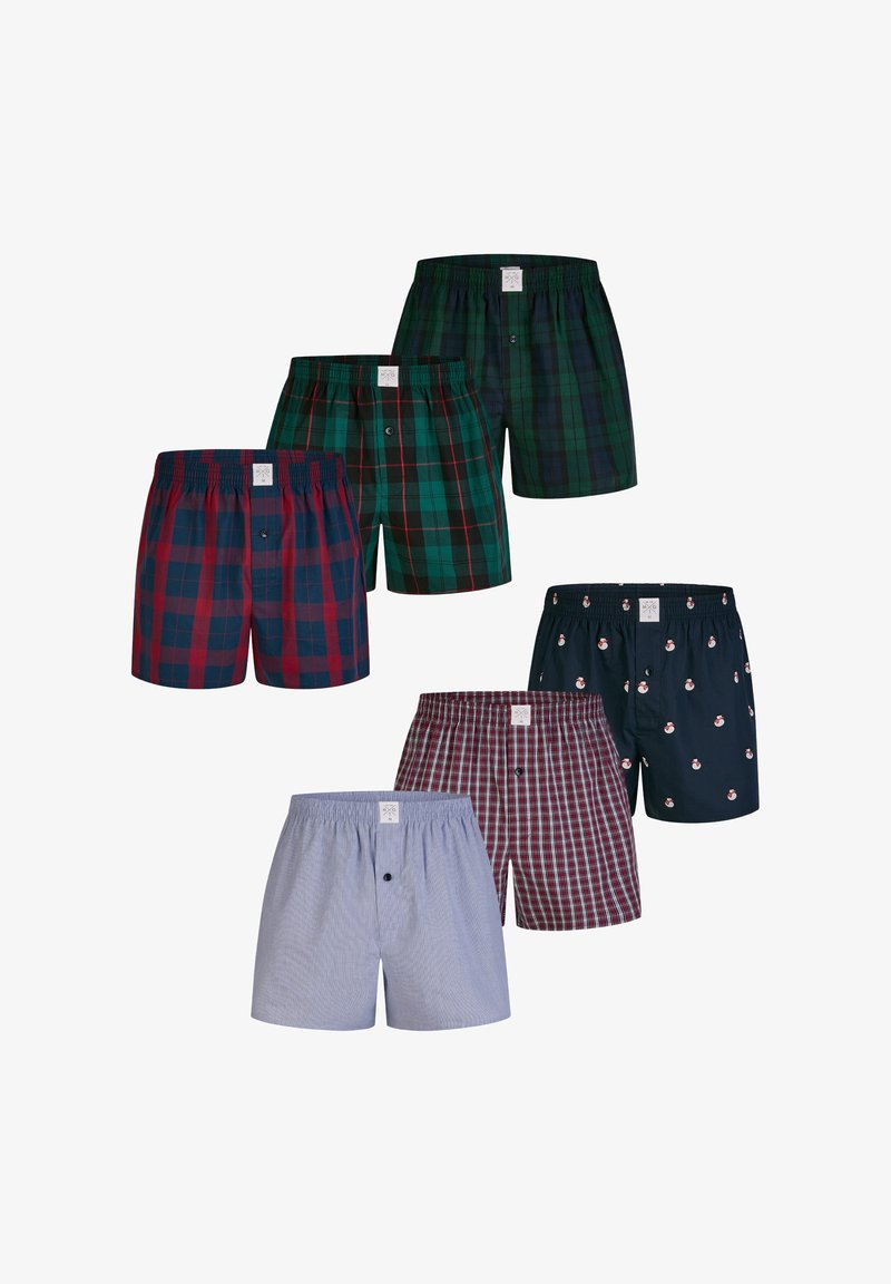 Pánské boxerky v sadě s károvanými vzory v zelené, červené a námořnické modři, přičemž jedna dvojice je pruhovaná a druhá má potisk. Bavlněný materiál, elastický pas.