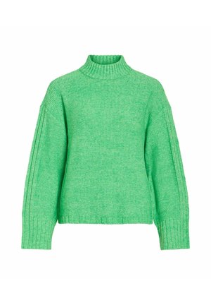 Green knitted sweater with a high, ribbed turtleneck, dropped shoulders, and ribbed cuffs. Textured fabric with a soft finish.