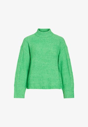 Green knitted sweater with a high, ribbed turtleneck, dropped shoulders, and ribbed cuffs. Textured fabric with a soft finish.