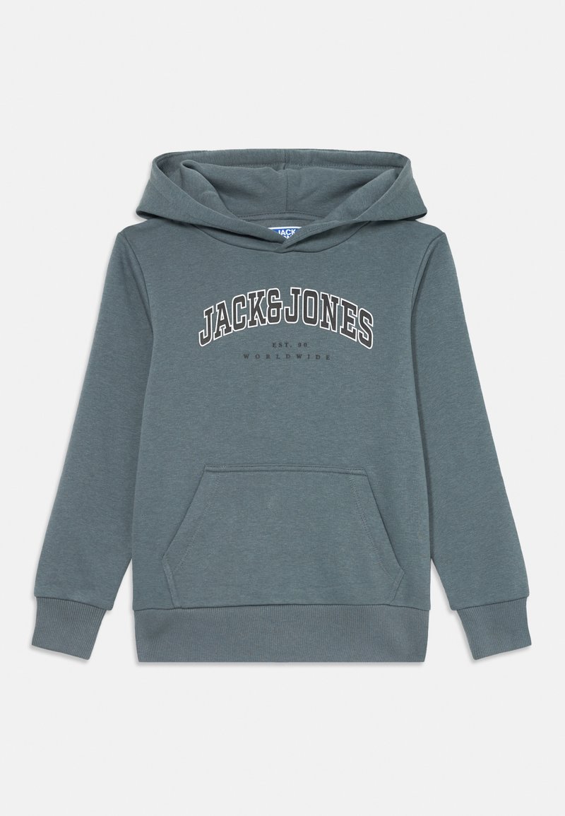 Felpa con cappuccio in tessuto turchese, con tasca frontale, polsini a coste e la scritta "JACK&JONES" stampata in bianco sul petto.