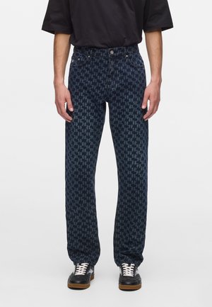 Dark blue jeans featuring a houndstooth pattern, straight fit, denim material, five pockets, and a button and zip fly closure.
