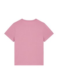 T-shirt rose à manches courtes avec col rond. Texture lisse, design simple, sans motifs ni accents. Vue arrière seulement.