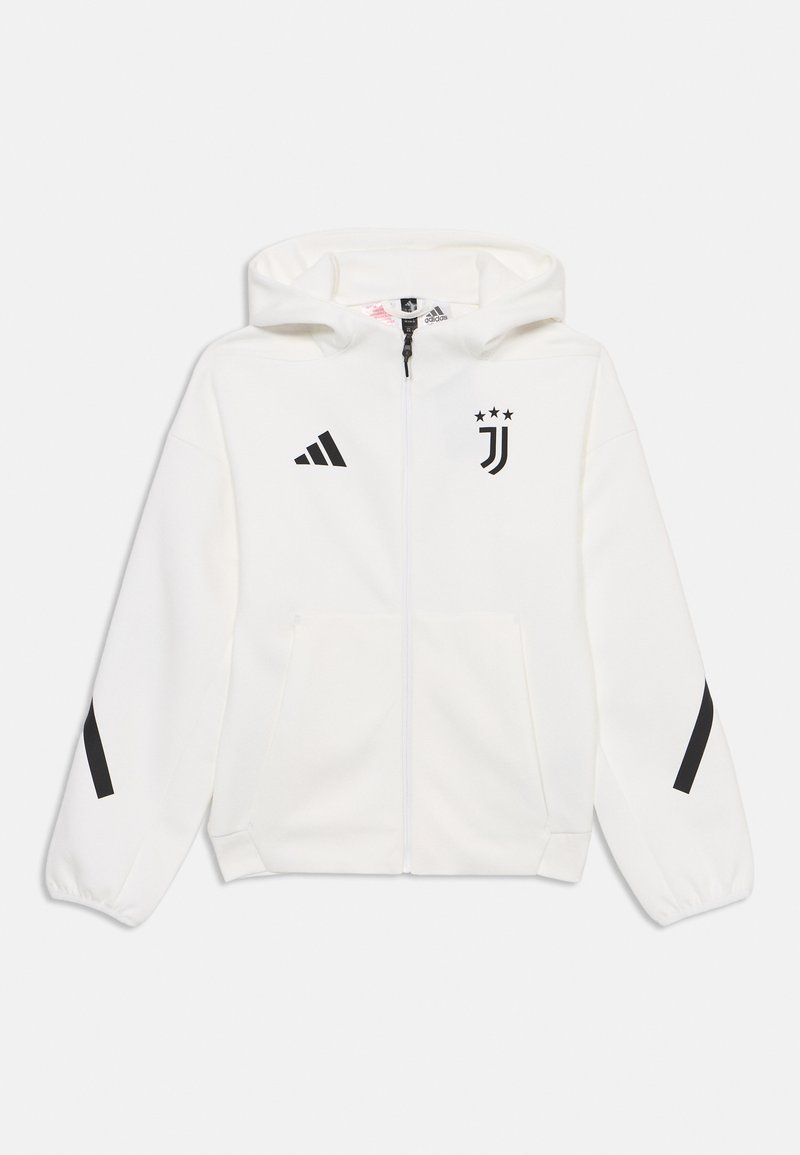 Haut à capuche zippé blanc avec capuche doublée, logo noir d'Adidas et emblème de la Juventus. Comprend des manches longues avec des accents rayés noirs.