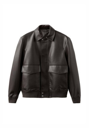 Black leather jacket featuring a collared neckline, front button closure, two large flap pockets, and a fitted waist. Smooth texture throughout.