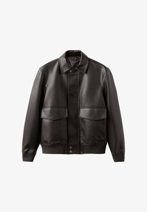 Black leather jacket featuring a collared neckline, front button closure, two large flap pockets, and a fitted waist. Smooth texture throughout.
