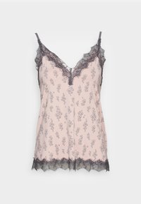 Light pink camisole with gray floral pattern, lace trim along the neckline and hem, adjustable straps, soft texture.