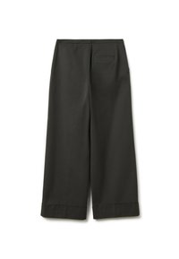 Pantaloni a gamba larga in tessuto grigio scuro, dotati di vita alta, pieghe frontali e una singola tasca posteriore con un dettaglio a bordo sull'orlo.