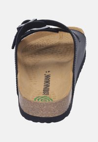 Open-toe sandal with black adjustable strap, contoured cork footbed, textured tan insole, and black sole, size 41 marked inside.