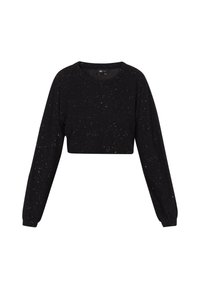 Schwarzer, kürzer geschnittener Pullover mit langen Ärmeln, der funkelnde, mehrfarbige Punkte aufweist und einen runden Ausschnitt hat. Hergestellt aus weichem Stoff.