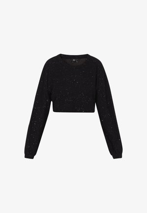 Črn skrajšan pulover z dolgimi rokavi, ki vsebuje bleščeče večbarvne pike po celotnem puloverju in okroglo ovratnico. Narejen iz mehke tkanine.