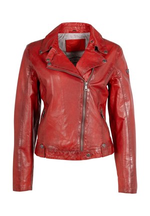 Rode leren motorjacket met een ritssluiting, asymmetrische kraag en zijzakken. Voorzien van metalen hardware en een gestructureerde afwerking.