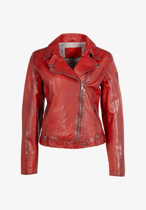 Rode leren motorjacket met een ritssluiting, asymmetrische kraag en zijzakken. Voorzien van metalen hardware en een gestructureerde afwerking.