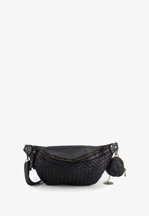Black woven leather bag with a smooth top section, zipper closure, and round, detachable coin pouch. Features brass accents and adjustable strap.