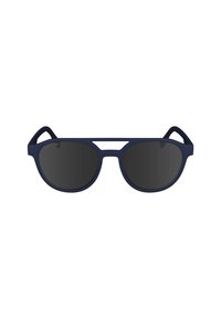 Ochelari de soare bleu marin cu lentile întunecate, un cadru din plastic neted și margini ușor rotunjite. Prezintă o tăietură subtilă între lentile.