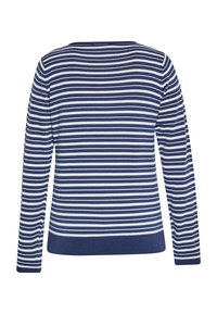 Maglione a righe blu navy e bianche con maniche lunghe e colletto a girocollo, texture morbida e orlo dritto. Senza chiusure o decorazioni visibili.