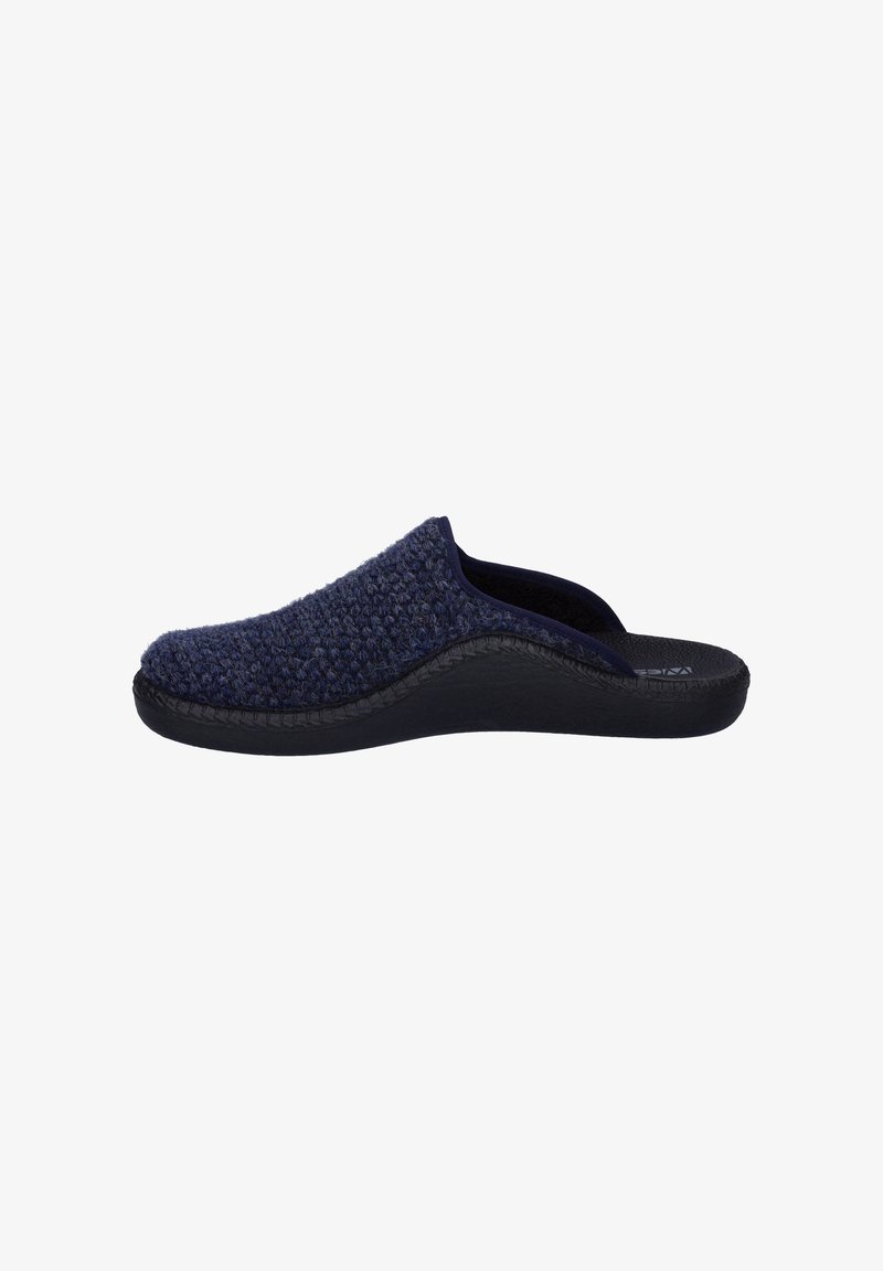 Navy blue woven slip-on clogs with a textured upper, rounded toe, and a black rubber sole. The design features no back support.